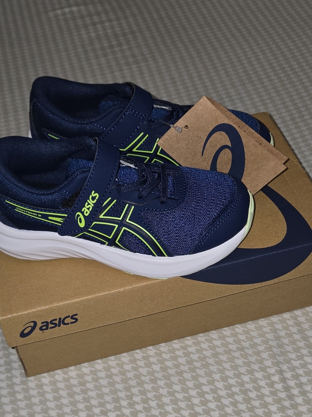 Asics Kids Navy and Neon Green Athletic Sneakers with Velcro Strap